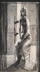 Figure in a Yellow Room, 1951, depicting Mme Natalie Grandjean (Private Collection, UK) by Michael Ayrton, Charcoal, ink and wash, offered Jul 2025