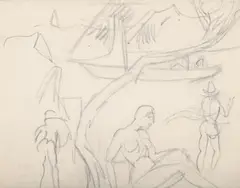 Cassis, on the beach, la garoupe by John Duncan Fergusson, 1913, Pencil, offered Jul 2025