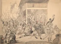 The market evacuated by Isaac Cruikshank, Pencil, pen and grey ink, pink and grey wash, offered Jul 2025