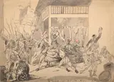 The market evacuated by Isaac Cruikshank, Pencil, pen and grey ink, pink and grey wash, offered Jul 2025