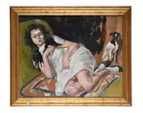 Portrait of a young lady resting beside her dog by Adriend Dupagne, Oil on canvas, offered Jun 2025