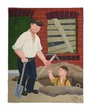 Builders outside number 2 by John 'road' Allin, Oil on canvas, offered Jun 2025