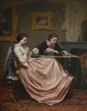 Girls sewing by Wilem Johannes Martens, Oil on panel, sold Jun 2025