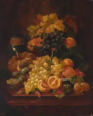 Still life with fruit and vine leaves by Charles Thomas Bale, Oil on canvas, sold Jun 2025