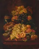 Still life with fruit and vine leaves by Charles Thomas Bale, Oil on canvas, sold Jun 2025