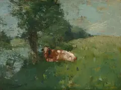 Landscape with a cow resting besde a river by Edward Arthur Walton, Oil on board, sold Jun 2025