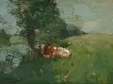 Landscape with a cow resting besde a river by Edward Arthur Walton, Oil on board, sold Jun 2025