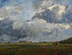 Figures in a landscape by John Buxton Knight, Oil on canvas, sold Jun 2025