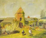 Geese before a courtyard by E. Powley, oil on canvas board, sold Apr 2026