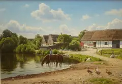 Horses drinking at a pond by Axel Birkhammer, oil on canvas, sold Apr 2026