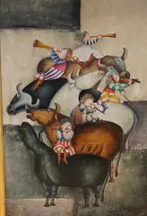 Figures playing instruments and cows by Joyce Roybal, oil on canvas, sold Apr 2026