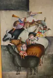 Figures playing instruments and cows by Joyce Roybal, oil on canvas, sold Apr 2026