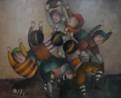 Figures playing a game by Joyce Roybal, oil on canvas, sold Apr 2026