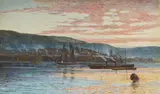 Estuary scene with steamship and boats by George Brooks Percy Lillington, watercolour on card, sold Apr 2026