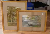 Lakeside landscape with rowing boat and woodland scene with rabbits by Joseph Dakin, watercolor, offered Apr 2026