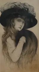A Girl with a Boa and Black Hat by Maurice Millière, pencil, sold Apr 2026