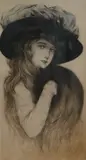 A Girl with a Boa and Black Hat by Maurice Millière, pencil, sold Apr 2026