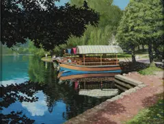 Reflections on Lake Bled, Slovenia by Roy Miller, oil on canvas, sold Apr 2026