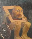 Man in a wheelchair by Peter Kennelly, oil on board, sold Apr 2026