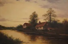 Riverscape with thatched cottages by George Cole, oil on canvas, offered Apr 2026