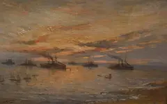 Scottish coastal view with British naval ships by Charles Gray Kennaway, oil on canvas, sold Apr 2026