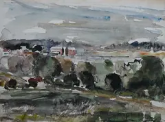 Landscape view with buildings by John Knapp-Fisher, watercolour on paper, sold Apr 2026