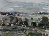 Landscape view with buildings by John Knapp-Fisher, watercolour on paper, sold Apr 2026