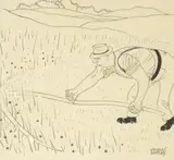 Cartoon study of a man using a scythe by Nicolas Bentley, ink on paper, offered Apr 2026