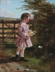 Study of a young girl before a gate and fields by John Duval, oil on canvas, sold Mar 2026