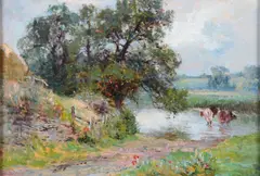 Cattle Drinking at a Ford by Ernest Walbourn, oil on board, sold Mar 2026