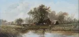 Figure feeding ducks beside a pond by Joseph Thors, oil on canvas, sold Mar 2026