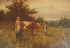 Pastureland with a cow and milkmaids by Joseph Paulman, oil on canvas, sold Mar 2026