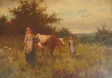 Pastureland with a cow and milkmaids by Joseph Paulman, oil on canvas, sold Mar 2026