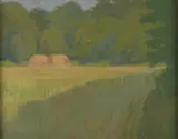 Landscape with Trees and Haystacks by Robert Buhler, oil on board, sold Mar 2026