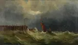 Rough seas in a harbour by Thomas Rose Miles, oil on canvas, sold Mar 2026