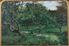 Geese in an Orchard by Oliver Rhys, oil on canvas, sold Mar 2026