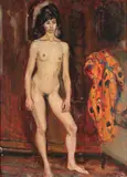 A full-length study of a nude in an interior by Denys G. Wells, oil on board, sold Mar 2026