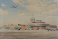 London Airport' signed lower left, titled lower right by Charles E. Turner, oil on canvas, offered Mar 2026