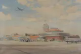 London Airport' signed lower left, titled lower right by Charles E. Turner, oil on canvas, offered Mar 2026