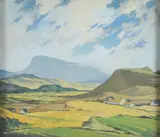 Expansive landscape with cottages by Thomas Callender Campbell Mackie, oil on board, sold Mar 2026