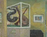 An interior scene with musical instruments by Rudolf Helmut Sauter, oil on board, sold Mar 2026