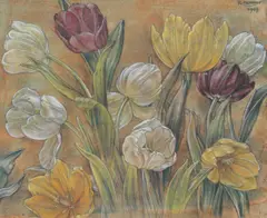 Still life study of tulips by Rudolf Bonnet, mixed media on paper, sold Mar 2026