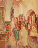 Souk scene with figures by Yahia Turki, oil on canvas, sold Mar 2026