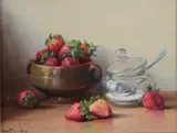 A still life study of strawberries and a sugar bowl by Robert Chailloux, oil on board, sold Mar 2026