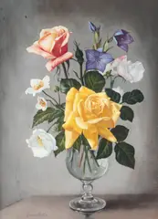 Roses, Sweet Peas and Japanese Anemones by James Noble, oil on canvas, sold Mar 2026