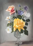 Roses, Sweet Peas and Japanese Anemones by James Noble, oil on canvas, sold Mar 2026