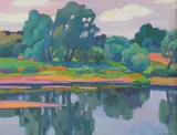 River landscape by Viktor Templin, oil on board, sold Mar 2026