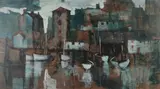 Boats in a Cornish harbour by Tony Giles, oil on board, sold Mar 2026