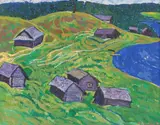 Landscape with huts beside a river by Yuri Matushevski, oil on card, offered Mar 2026