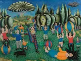 Balls' figures and performers in a landscape by Harry Bilson, oil on canvas, sold Mar 2026